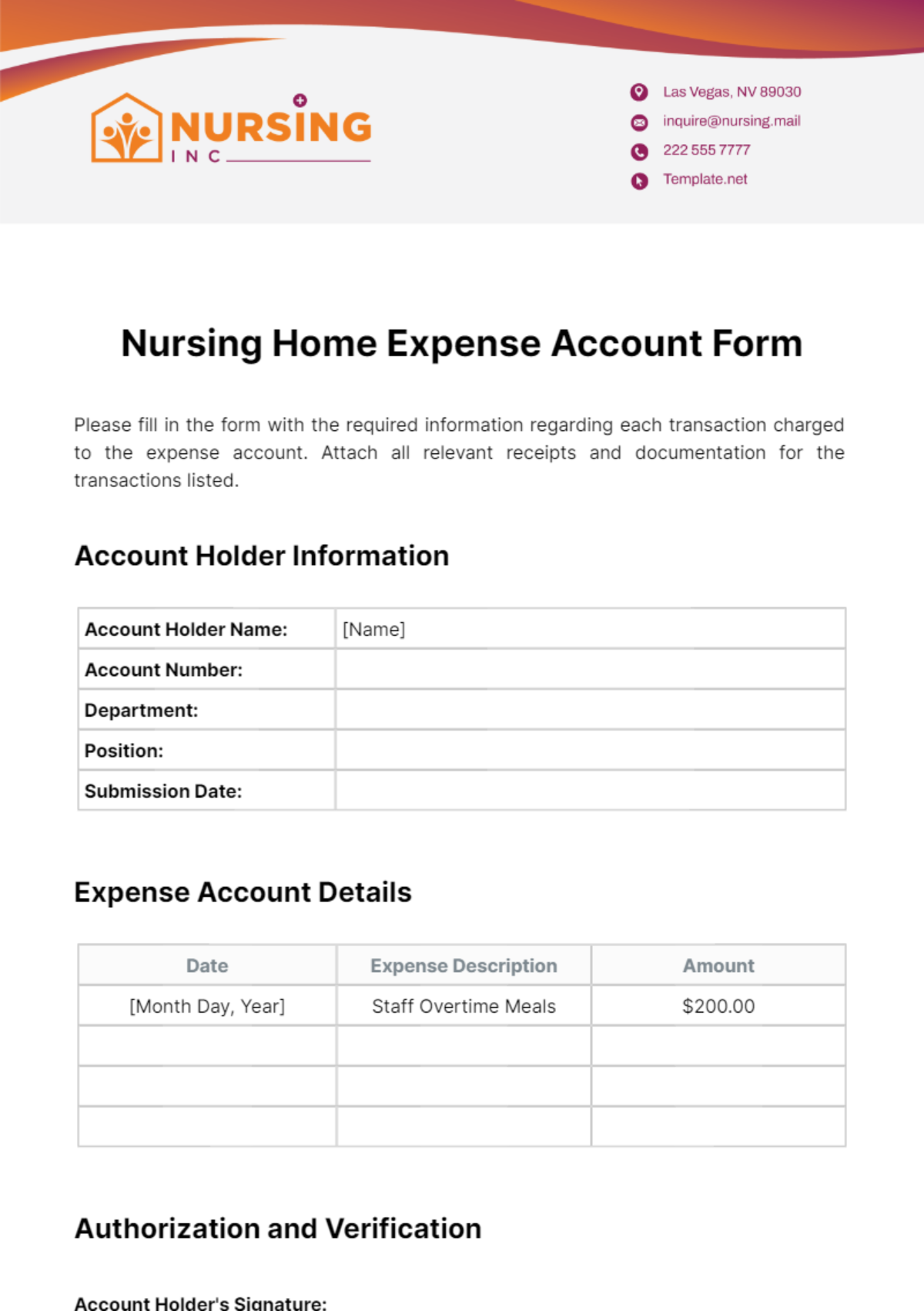 Nursing Home Expense Account Form Template