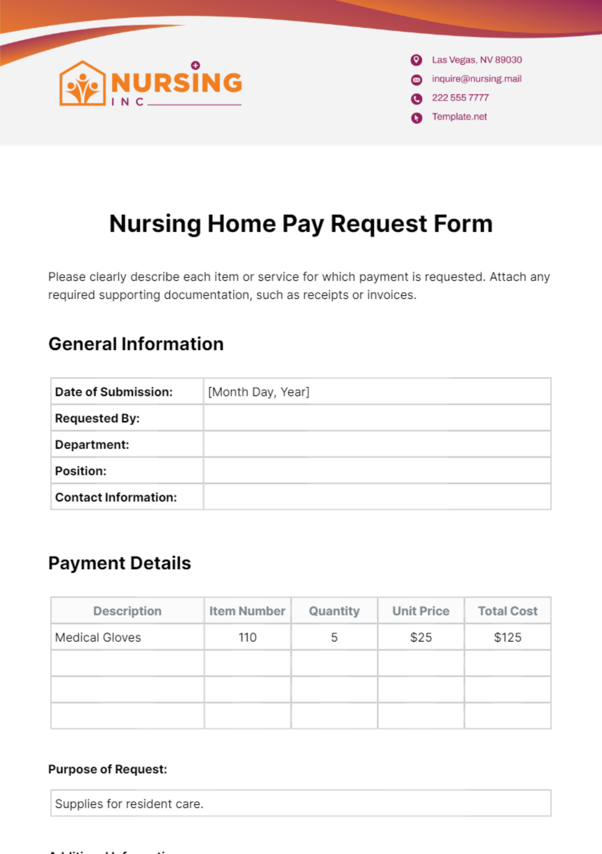Nursing Home Pay Request Form Template