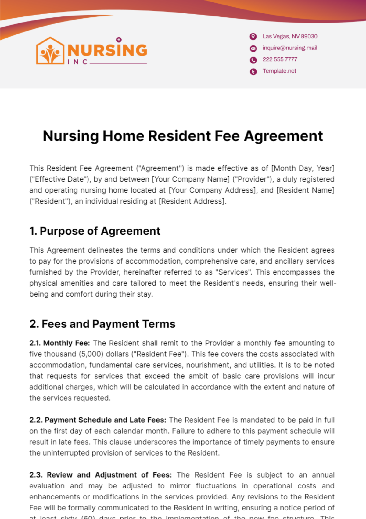 Nursing Home Resident Fee Agreement Template