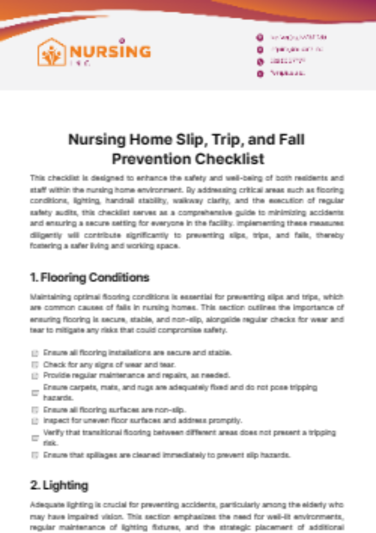 Free Nursing Home Slip, Trip, and Fall Prevention Checklist Template