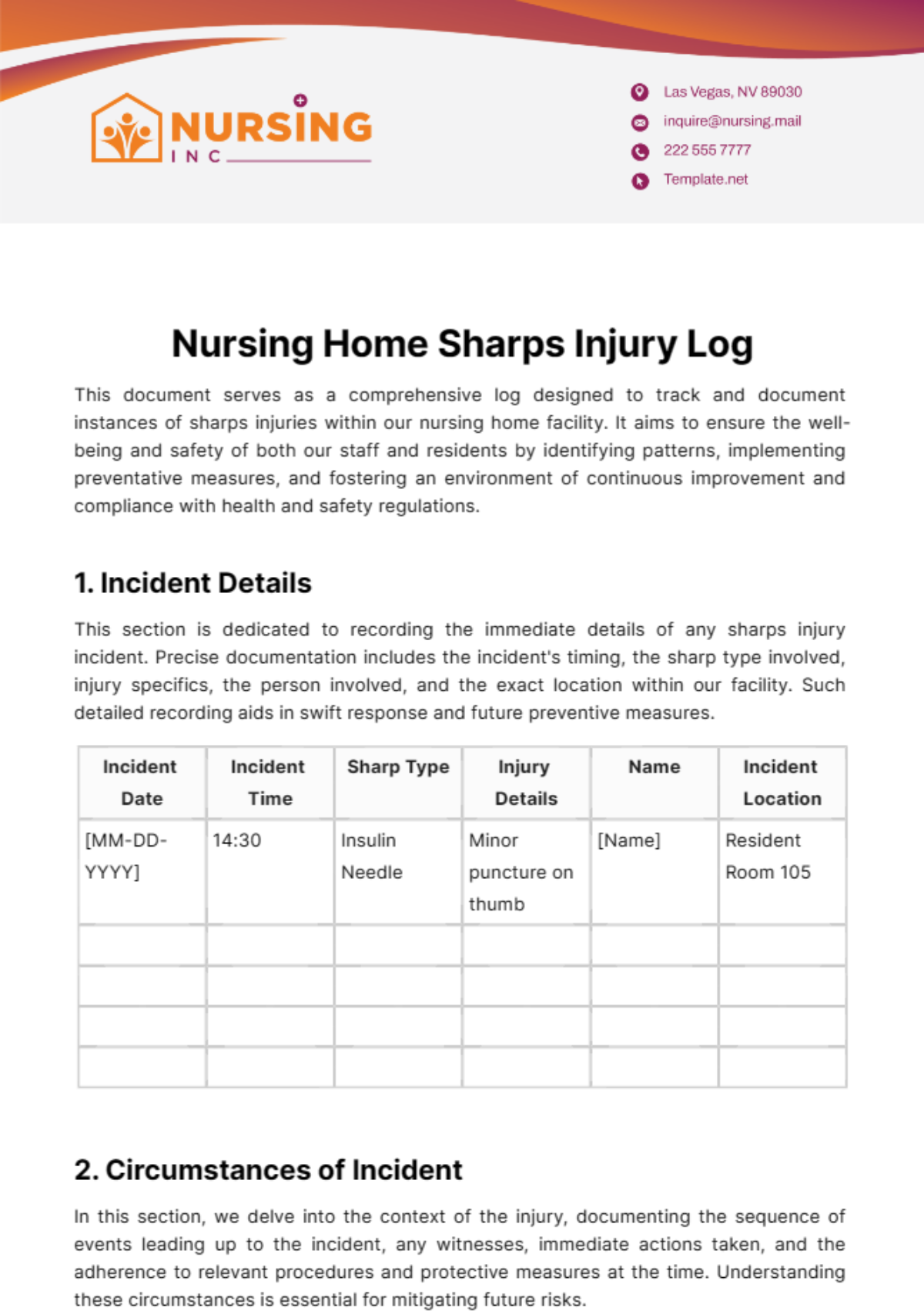 Free Nursing Home Sharps Injury Log Template