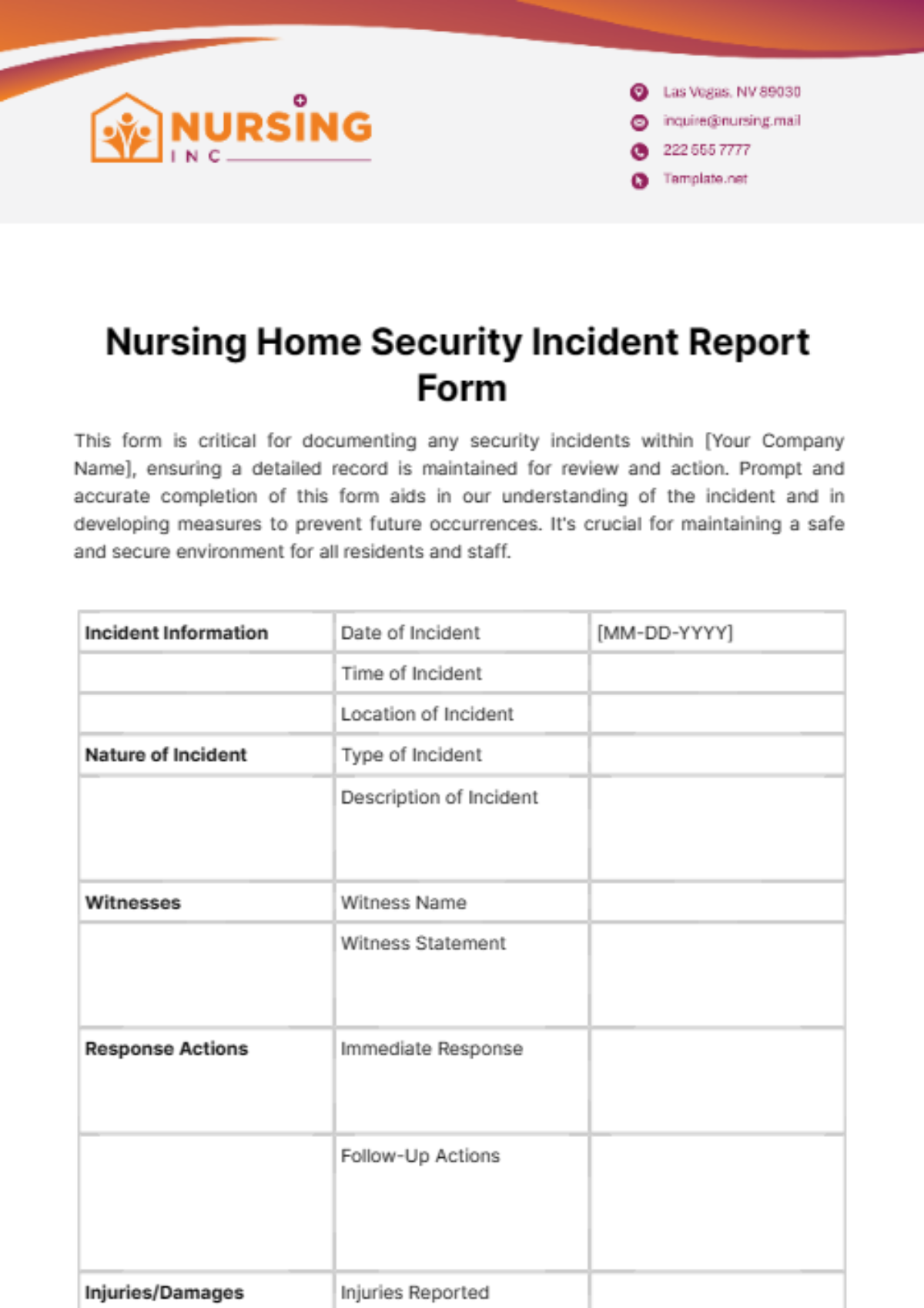 Nursing Home Security Incident Report Form Template