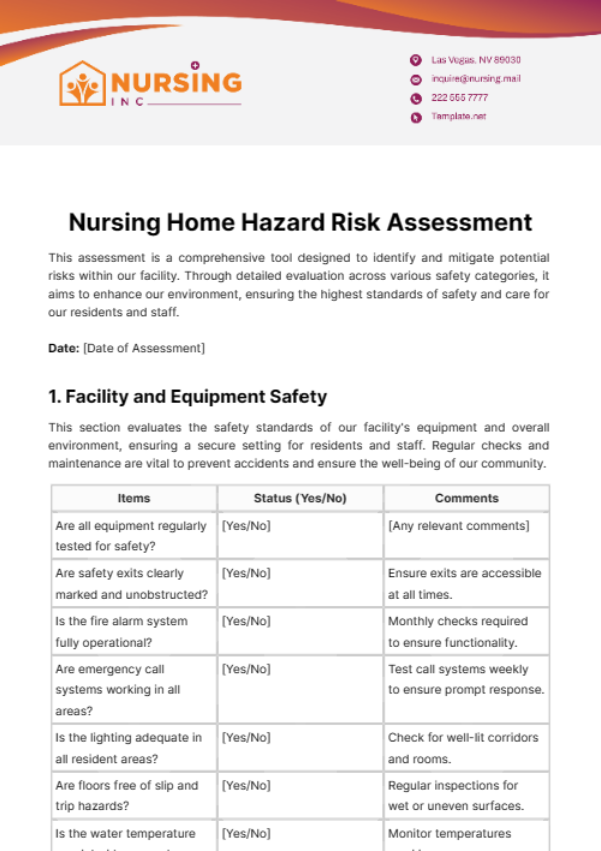 Nursing Home Hazard Risk Assessment Template
