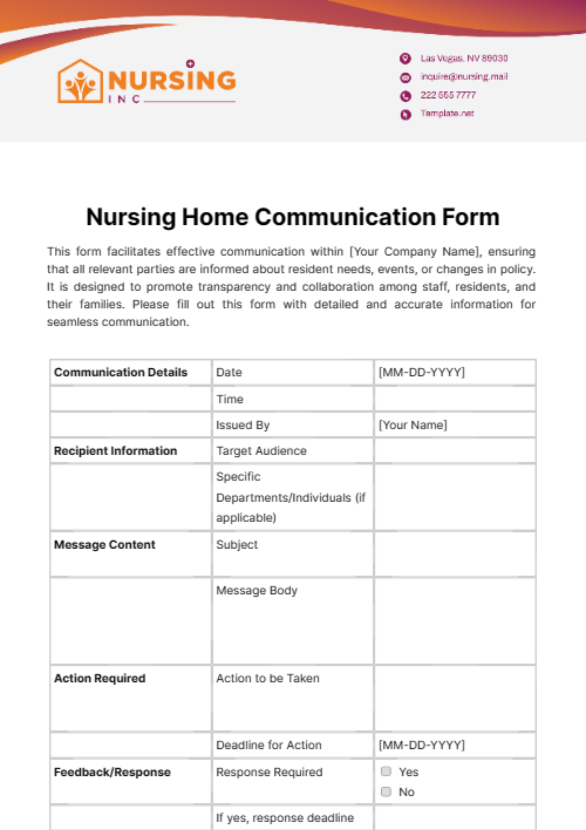 Nursing Home Communication Form Template