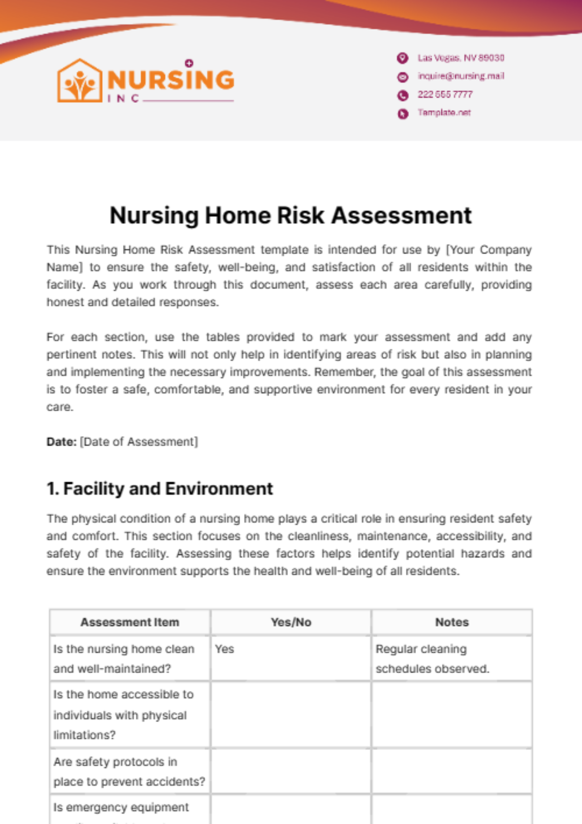 Nursing Home Risk Assessment Template
