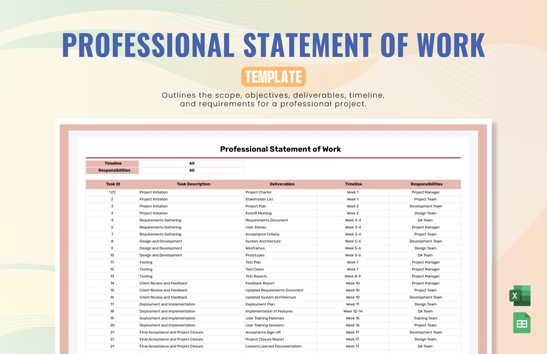 Professional Statement of Work Template in Excel, Google Sheets