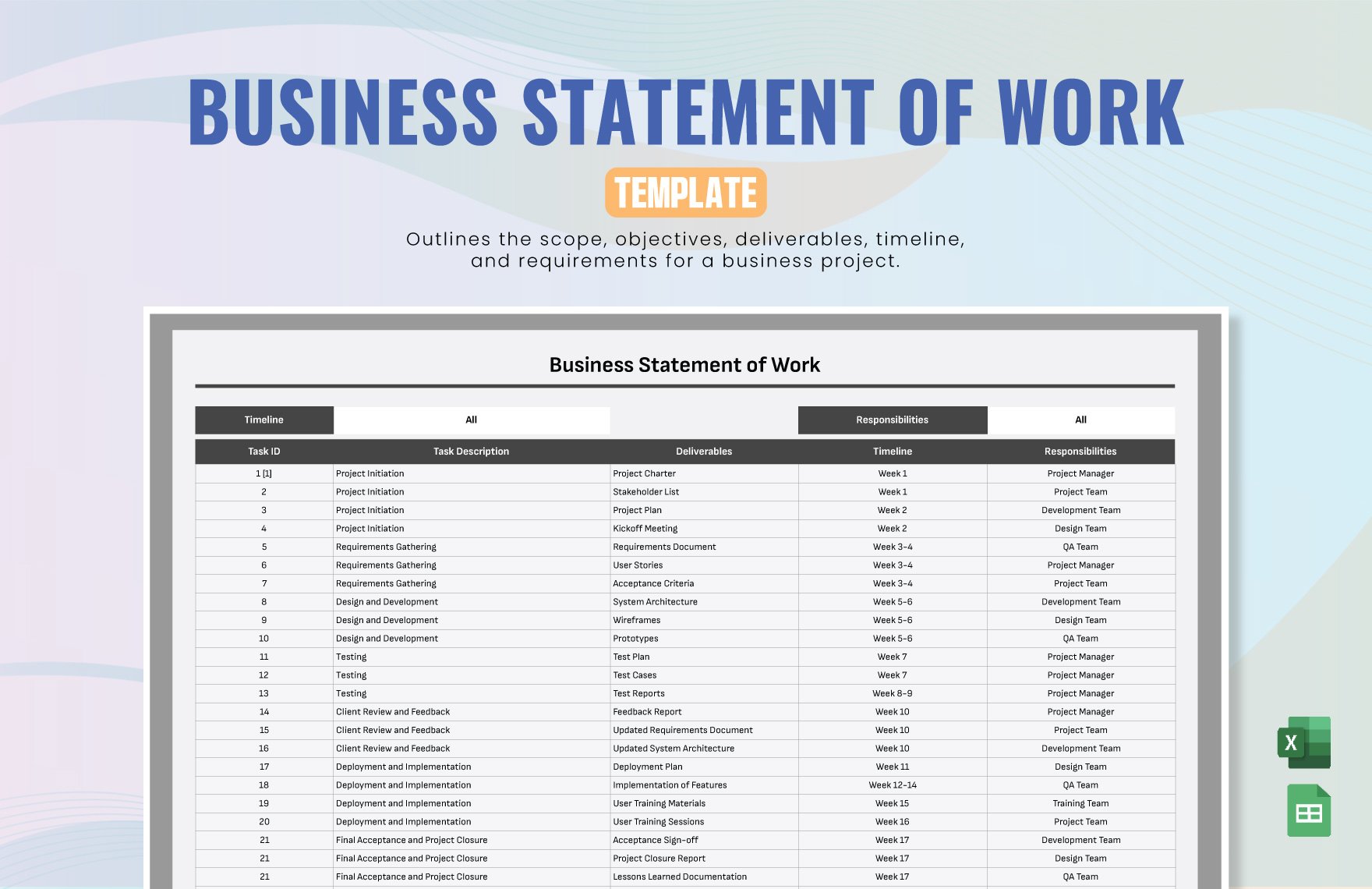 Business Statement of Work Template in Excel, Google Sheets