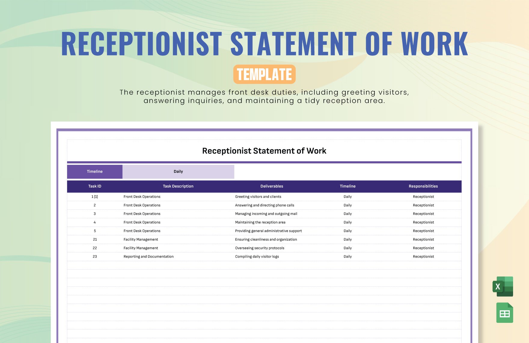 Receptionist Statement of Work Template in Excel, Google Sheets