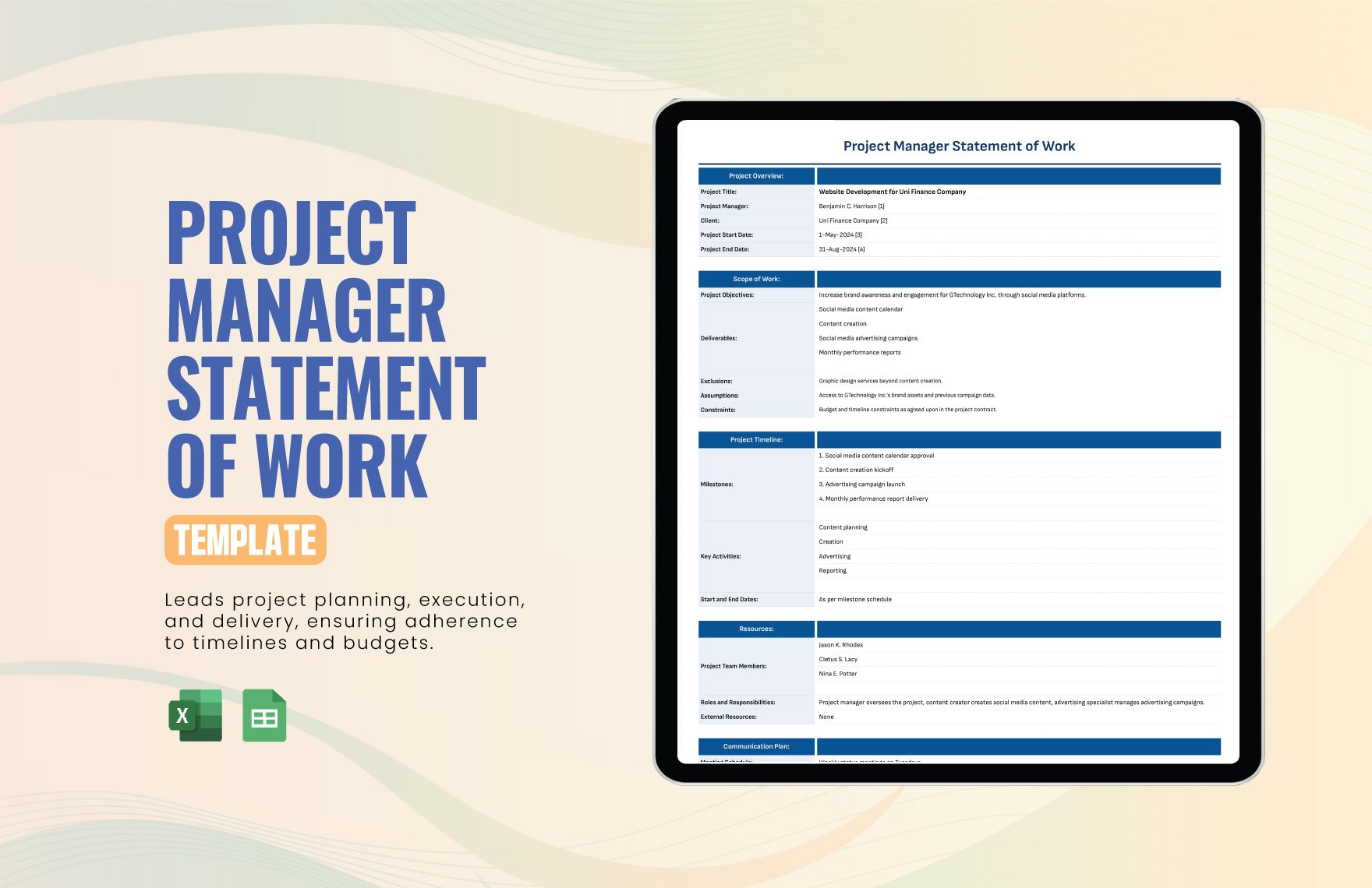 Project Manager Statement of Work Template in Excel, Google Sheets
