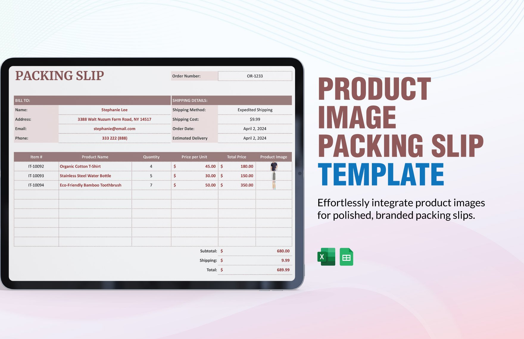 Product Image Packing Slip Template in Excel, Google Sheets