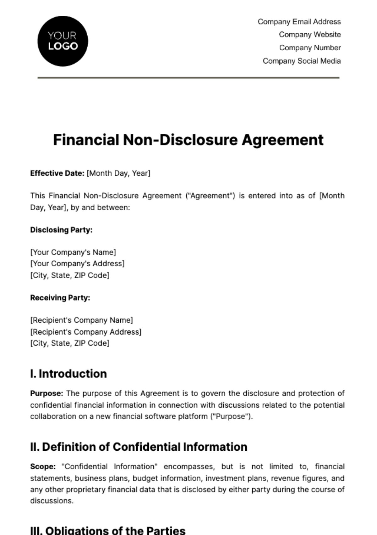 Financial Non-Disclosure Agreement Template