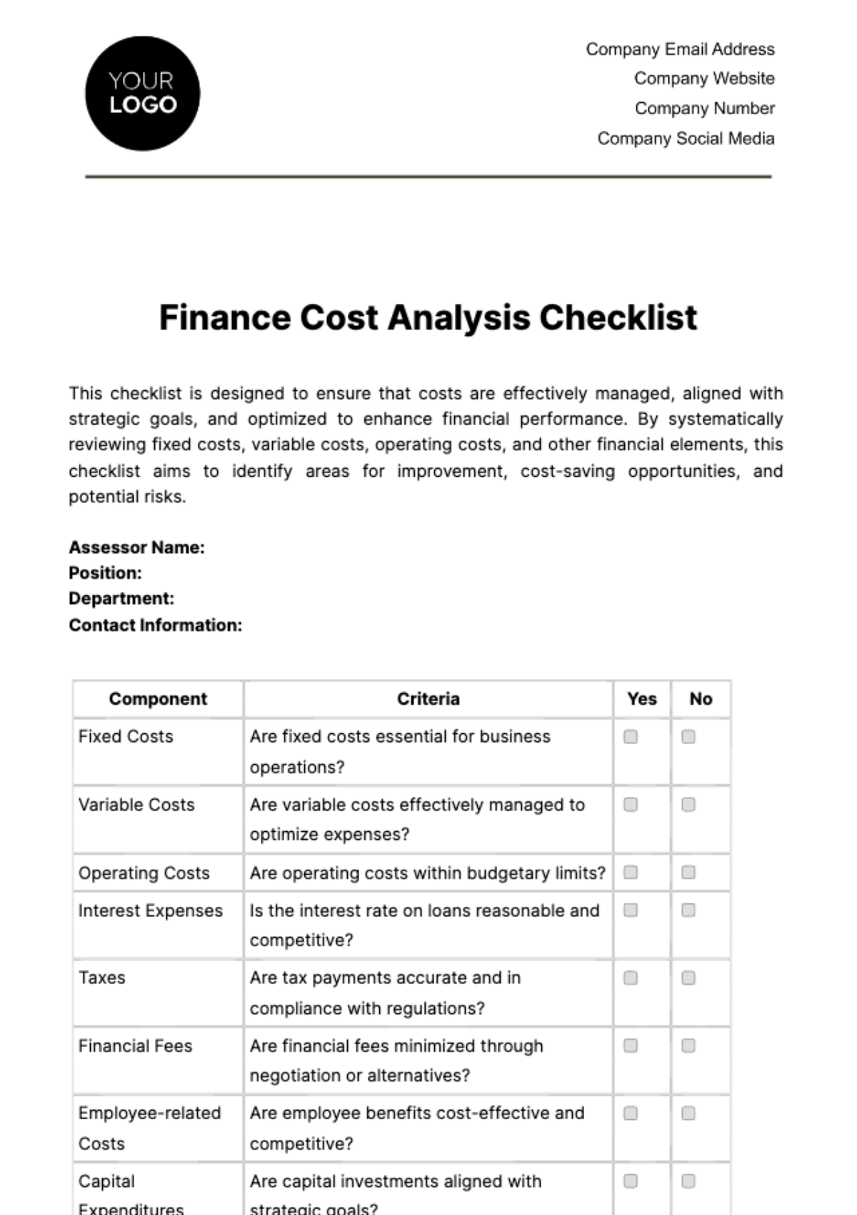 Free Finance Cost Analysis Checklist Template