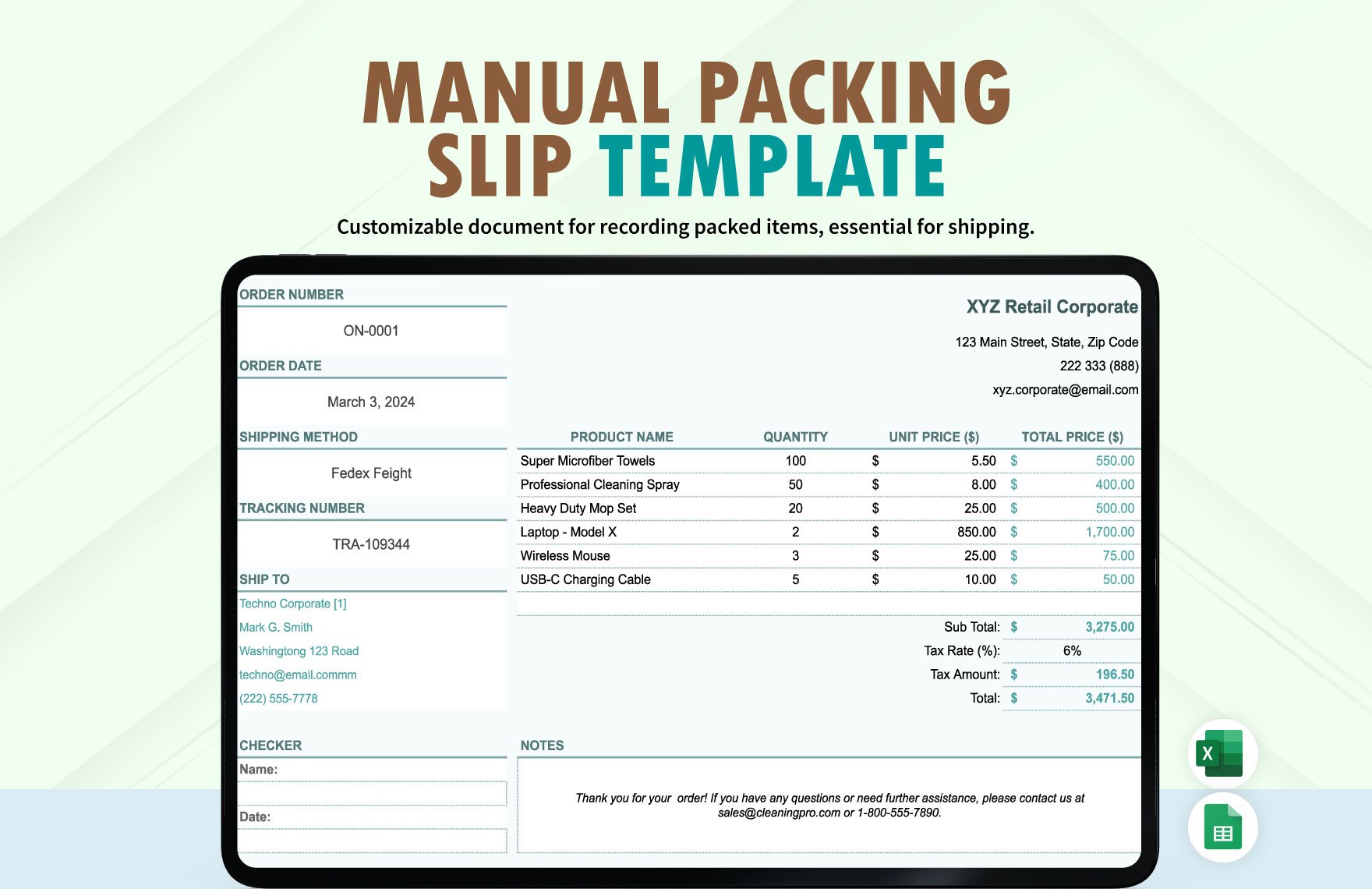 Manual Packing Slip Template in Excel, Google Sheets