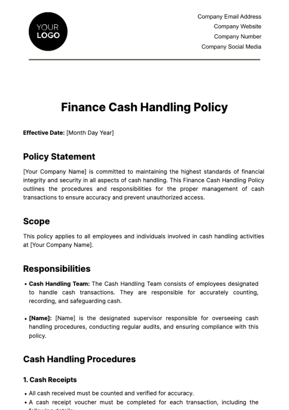 Finance Cash Handling Policy Template