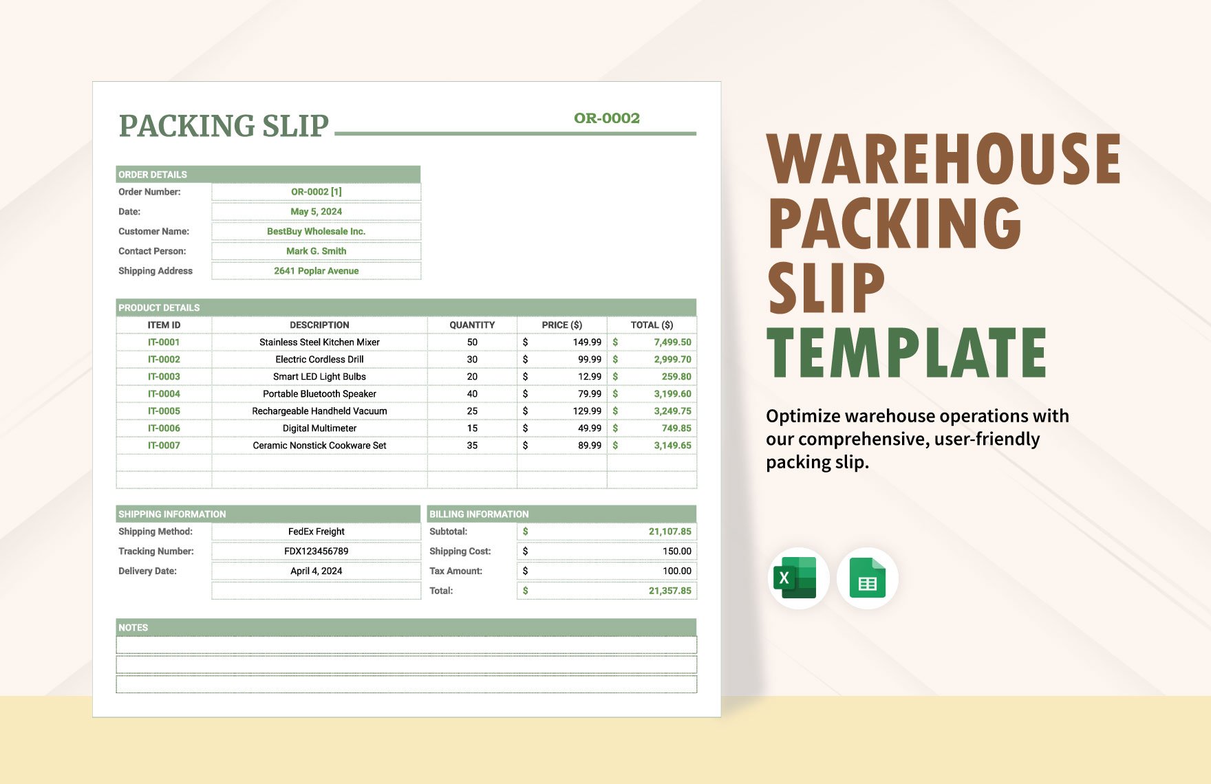 Warehouse Packing Slip Template in Excel, Google Sheets
