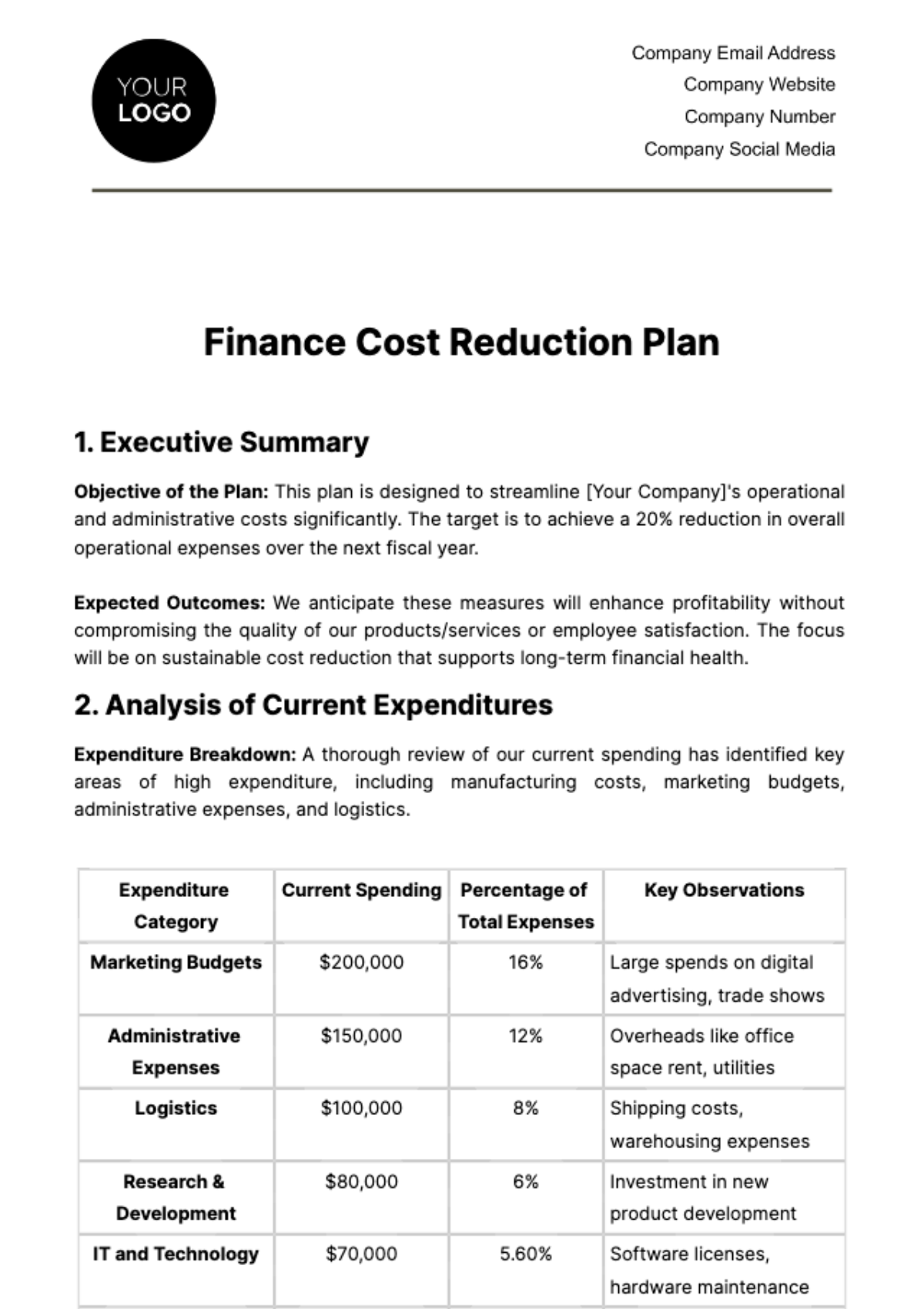 Free Finance Cost Reduction Plan Template