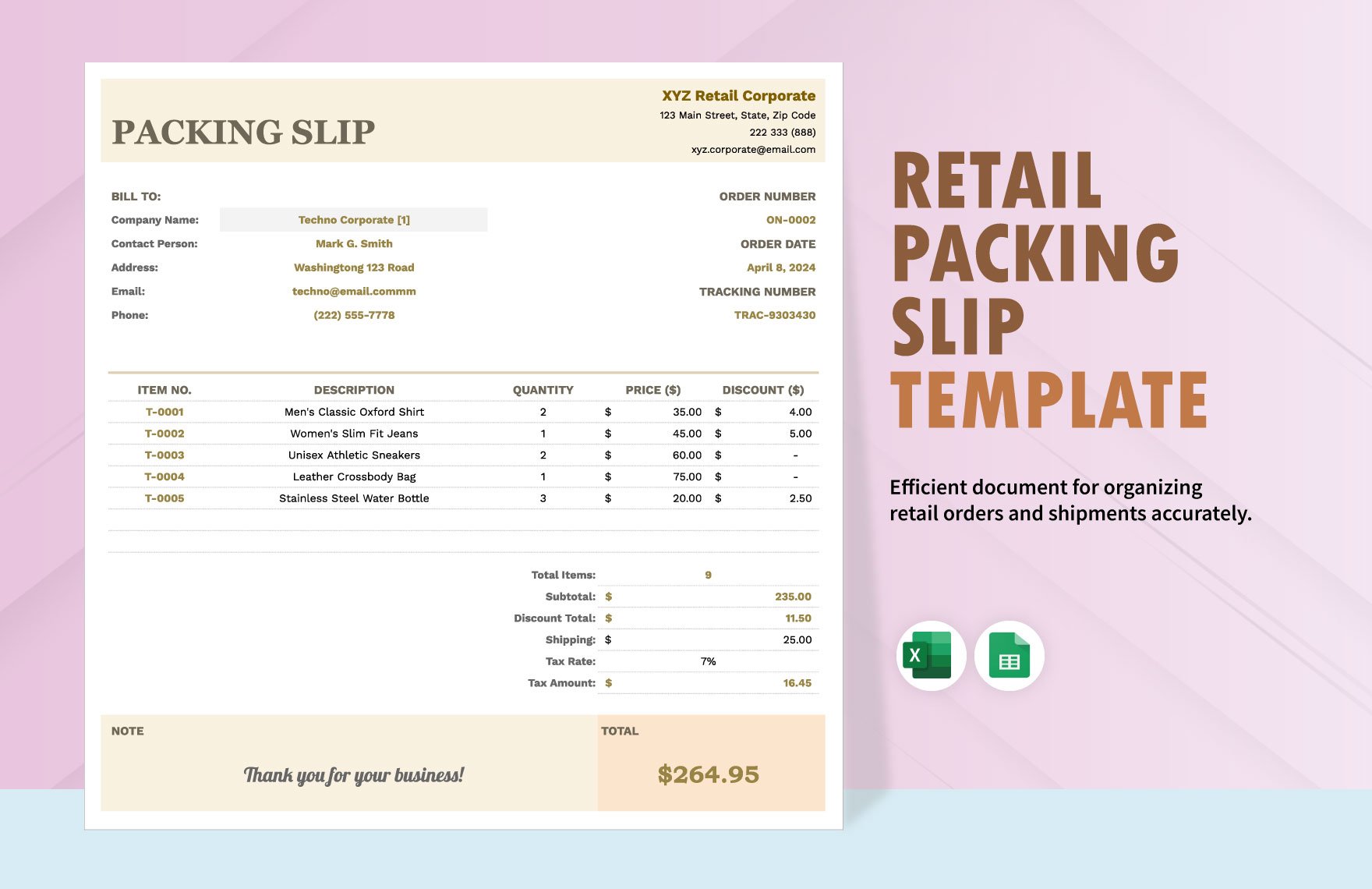 Retail Packing Slip Template in Excel, Google Sheets
