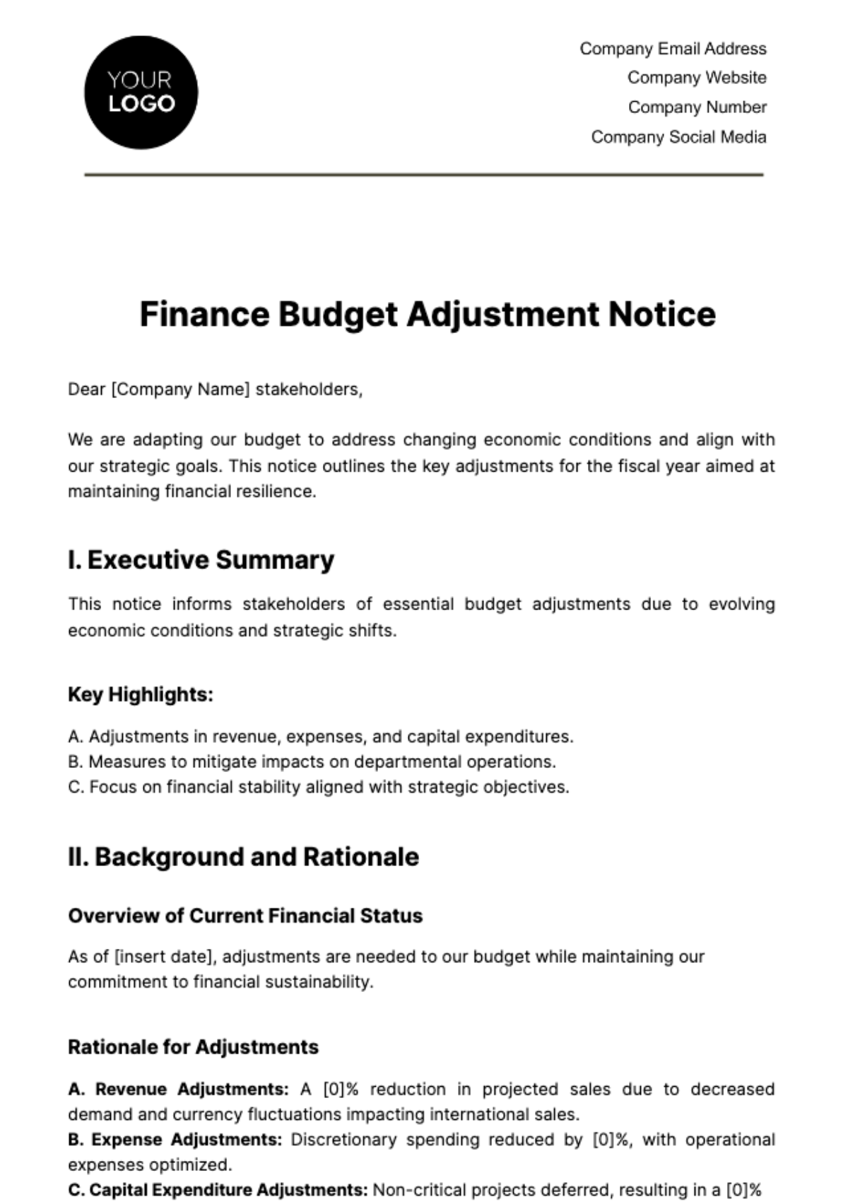 Finance Budget Adjustment Notice Template