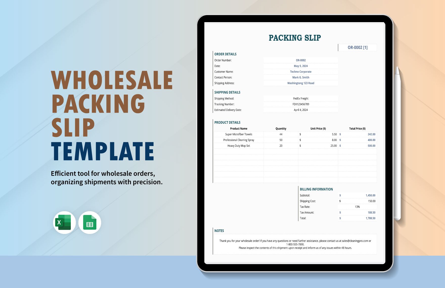Wholesale Packing Slip Template in Excel, Google Sheets