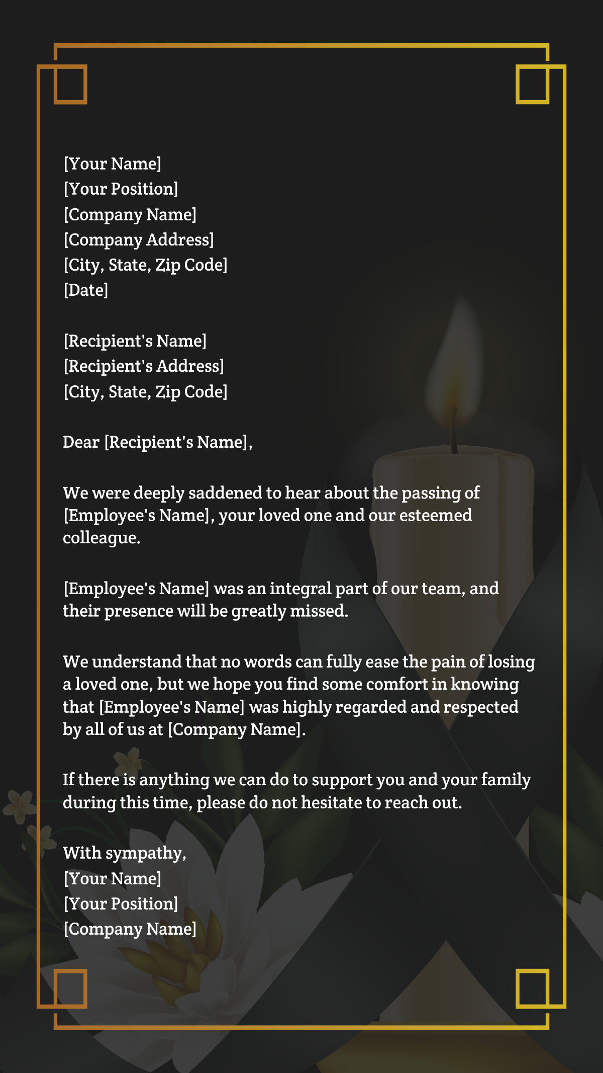 Condolence Letter To Employee Family Template