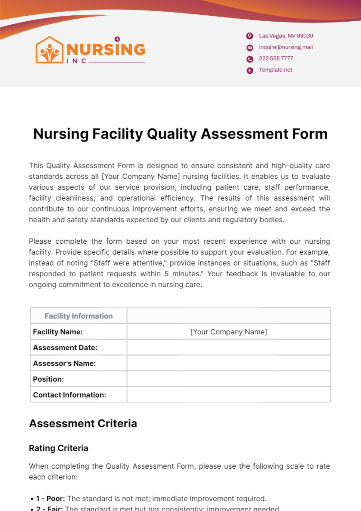 Free Nursing Facility Quality Assessment Form Template