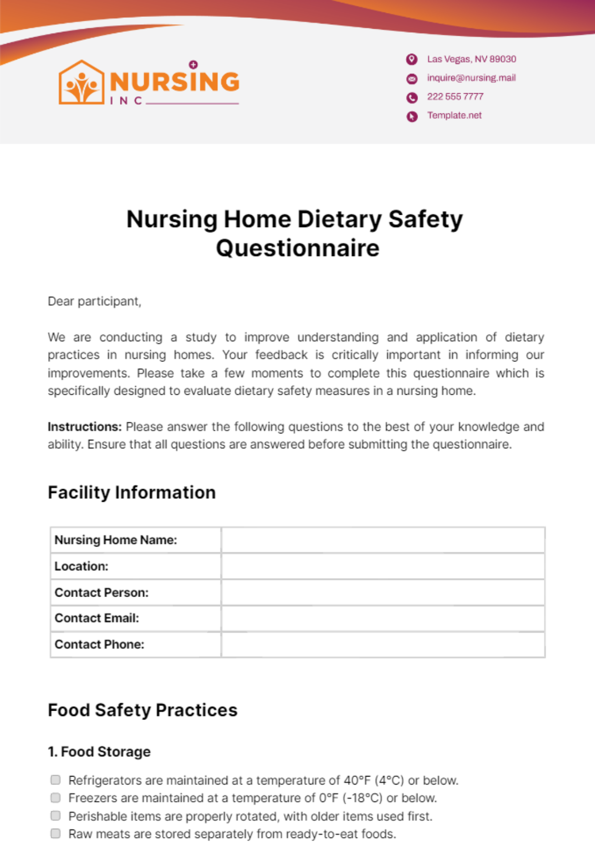 Free Nursing Home Dietary Safety Questionnaire Template