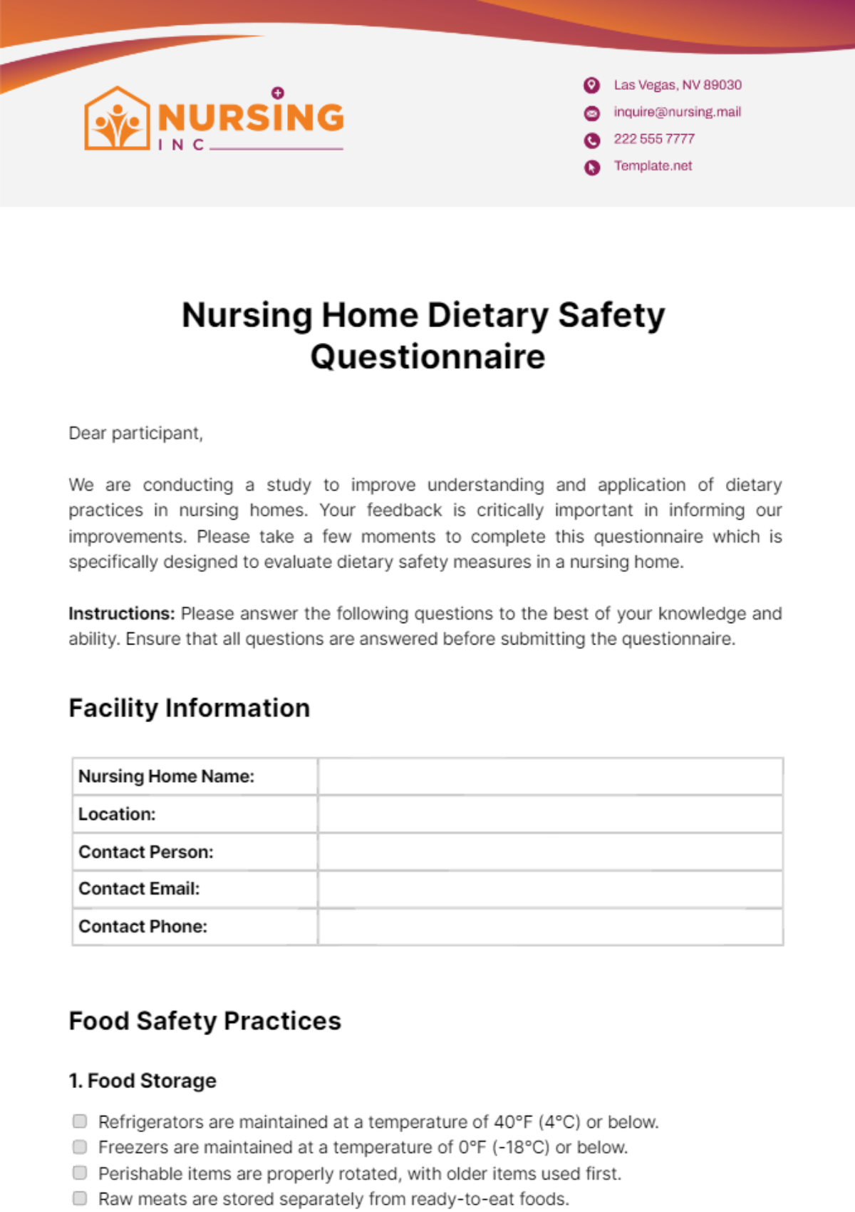 Nursing Home Dietary Safety Questionnaire Template - Edit Online & Download