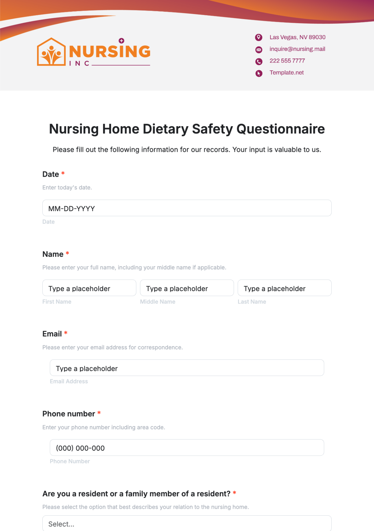 Free Nursing Home Dietary Safety Questionnaire Template to Edit Online | Template.net