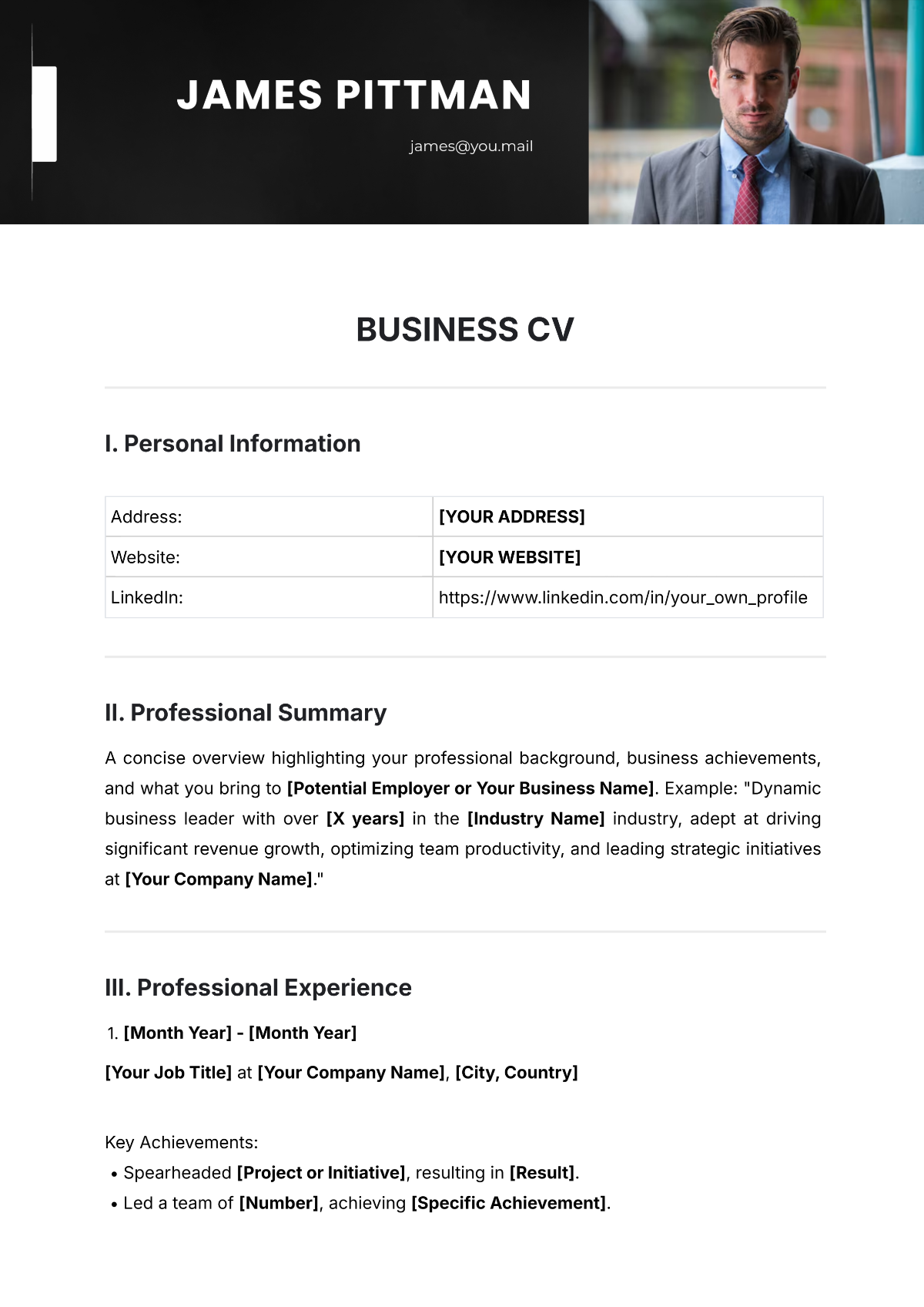 Business CV Template - Edit Online & Download