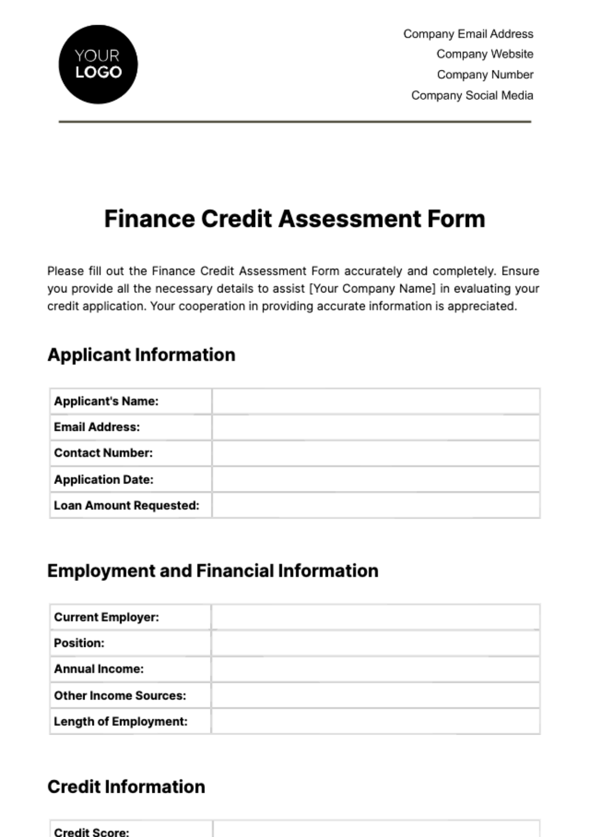 Free Finance Credit Assessment Form Template