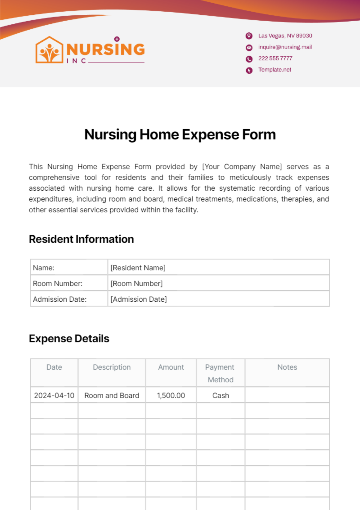 Nursing Home Expense Form Template