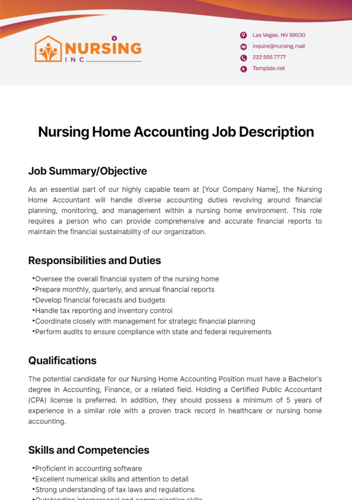 Nursing Home Accounting Job Description Template
