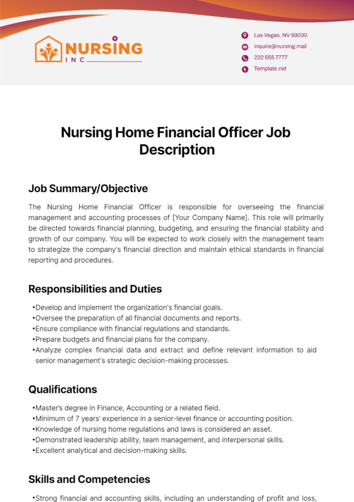 Nursing Home Financial Officer Job Description Template