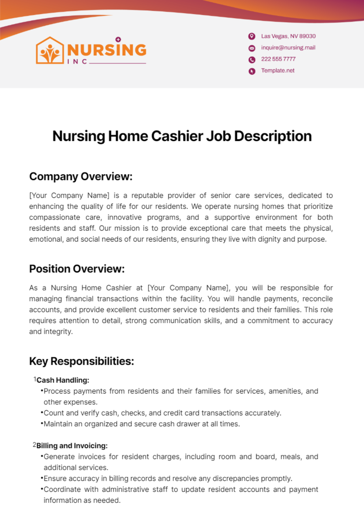 Nursing Home Cashier Job Description Template