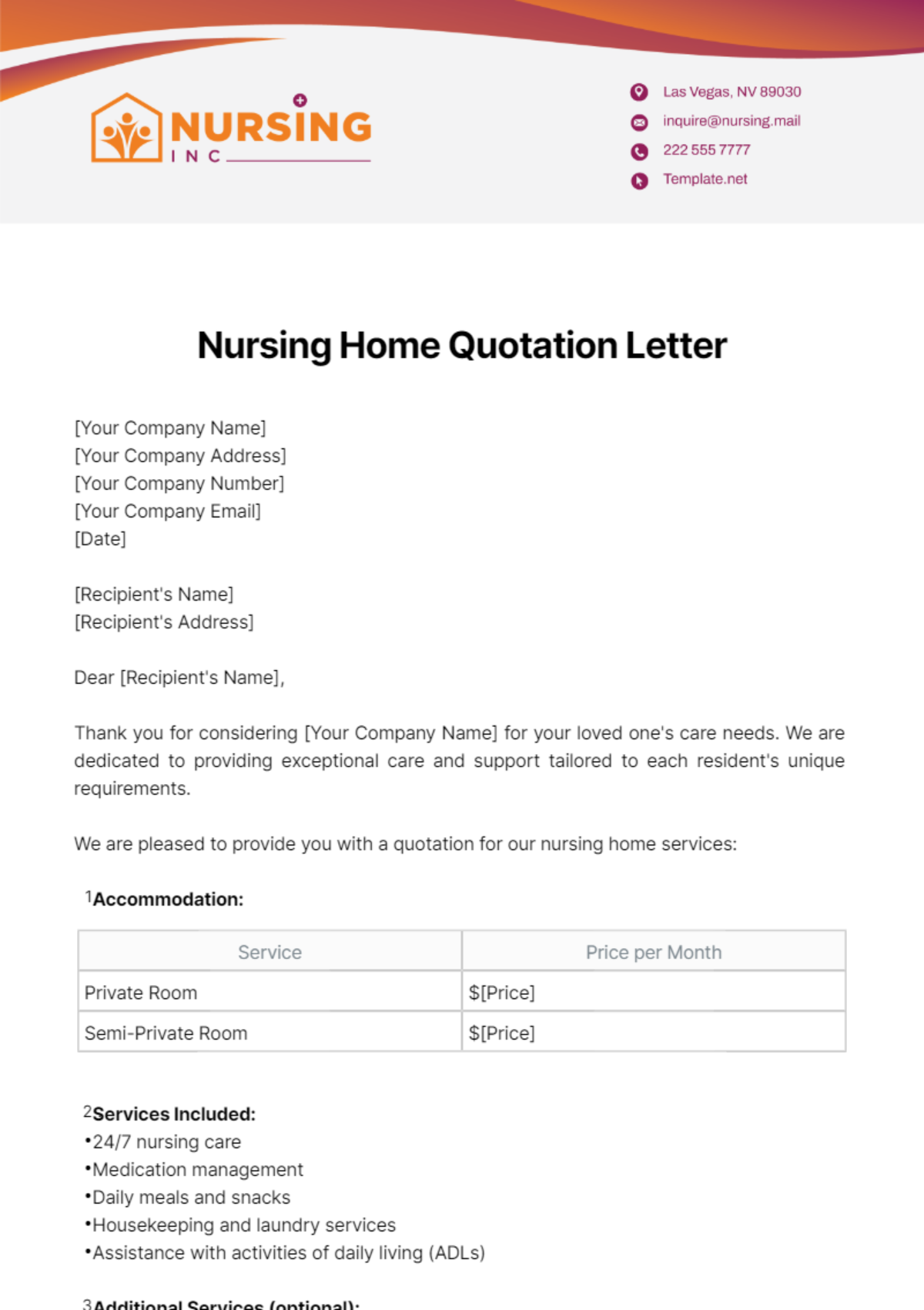 Nursing Home Quotation Letter Template