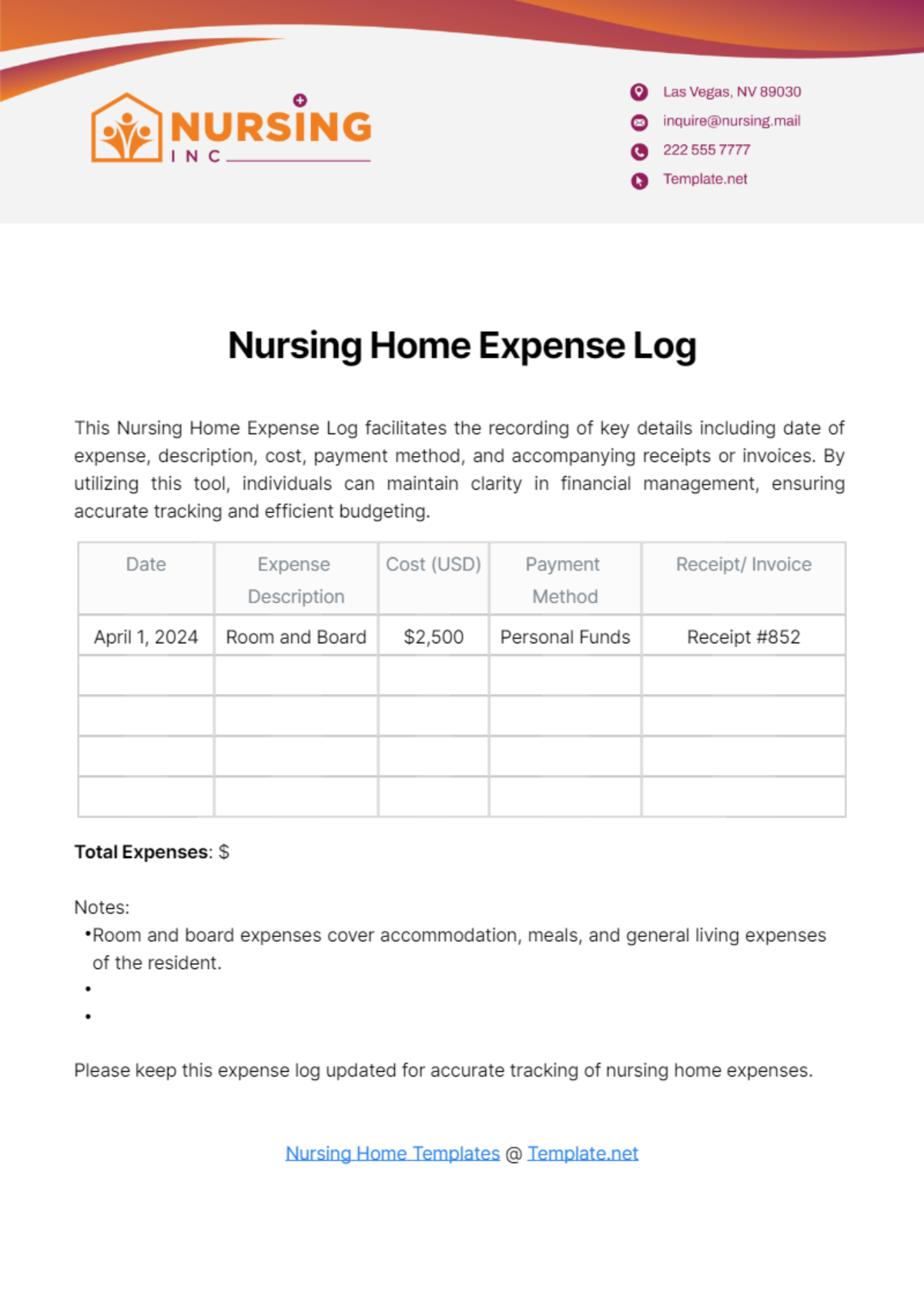 Nursing Home Expense Log Template