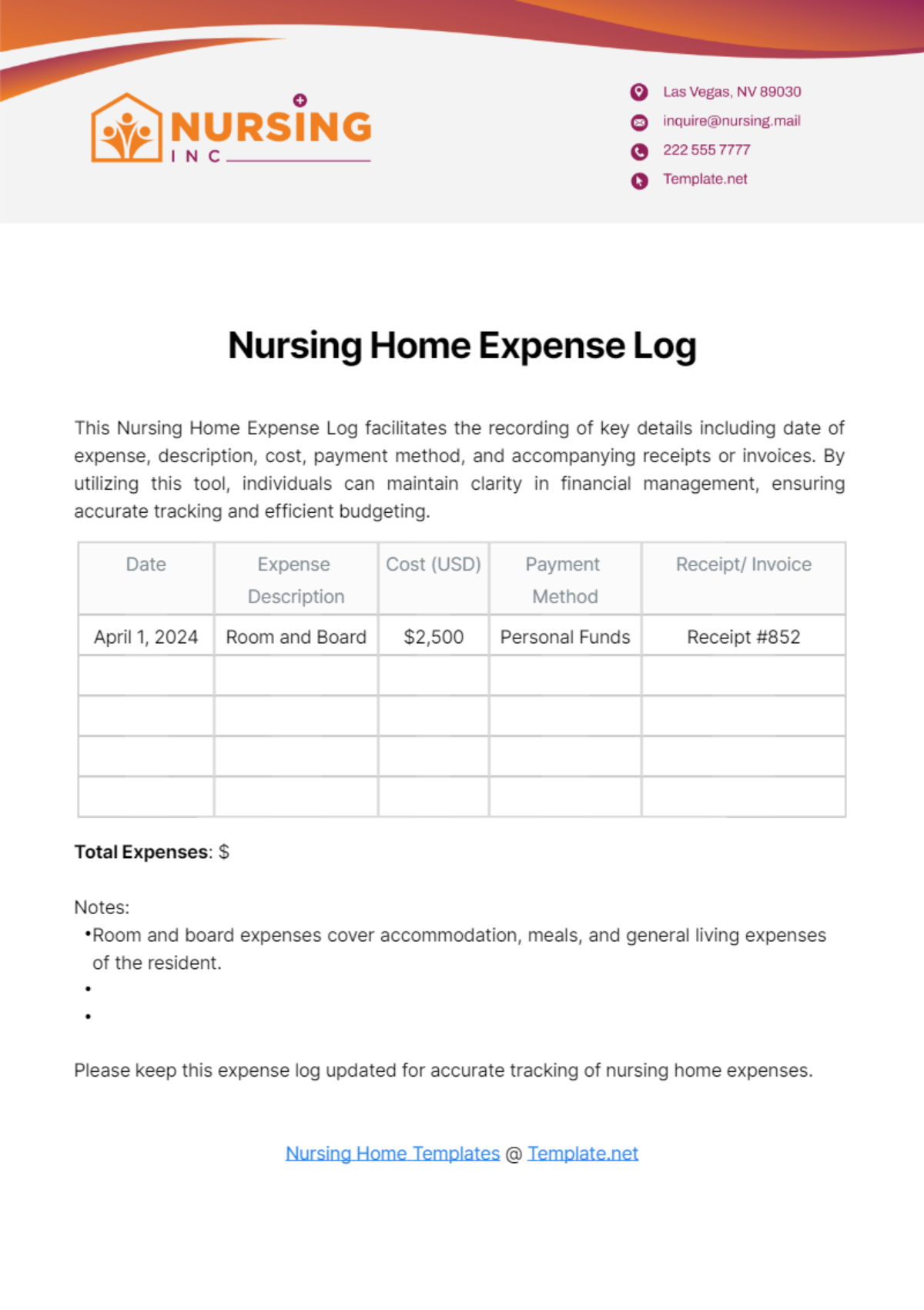 Nursing Home Expense Log Template - Edit Online & Download