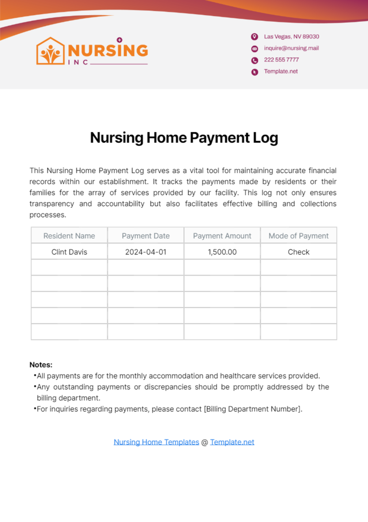 Nursing Home Payment Log Template