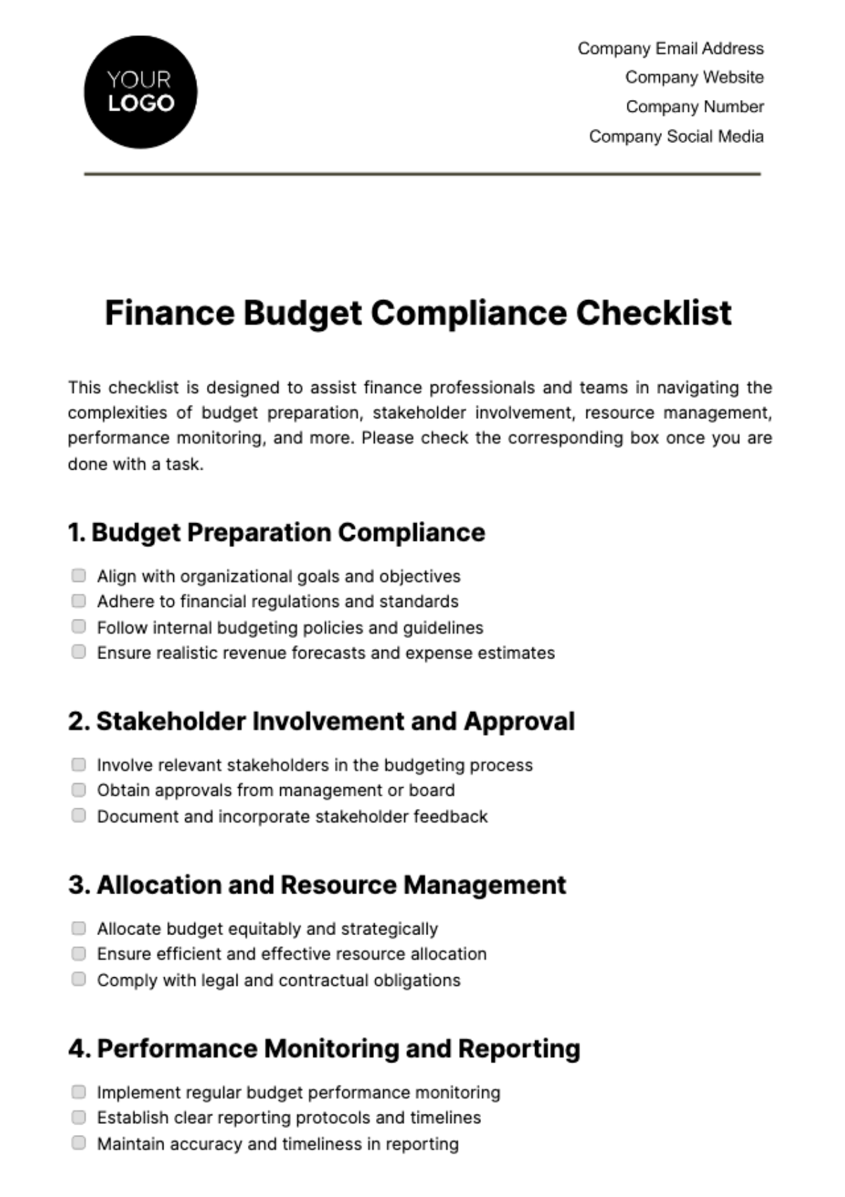 Free Finance Budget Compliance Checklist Template