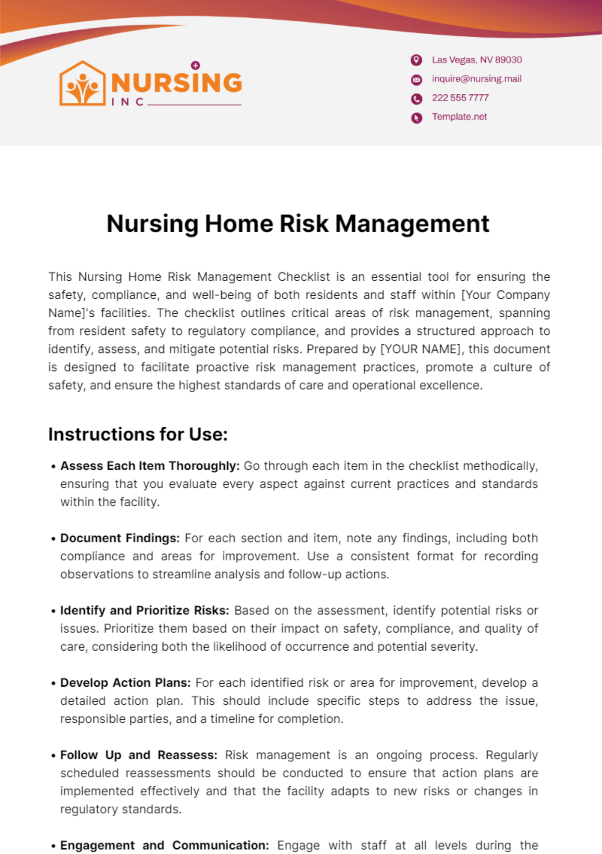 Nursing Home Risk Management Template
