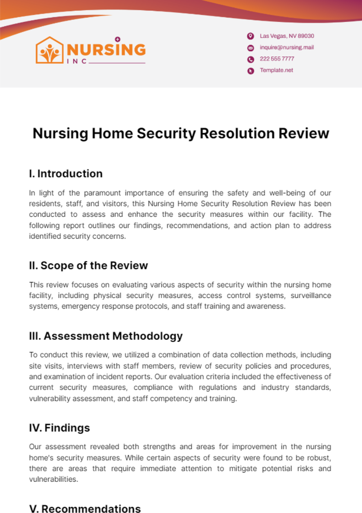 Nursing Home Security Resolution Review Template