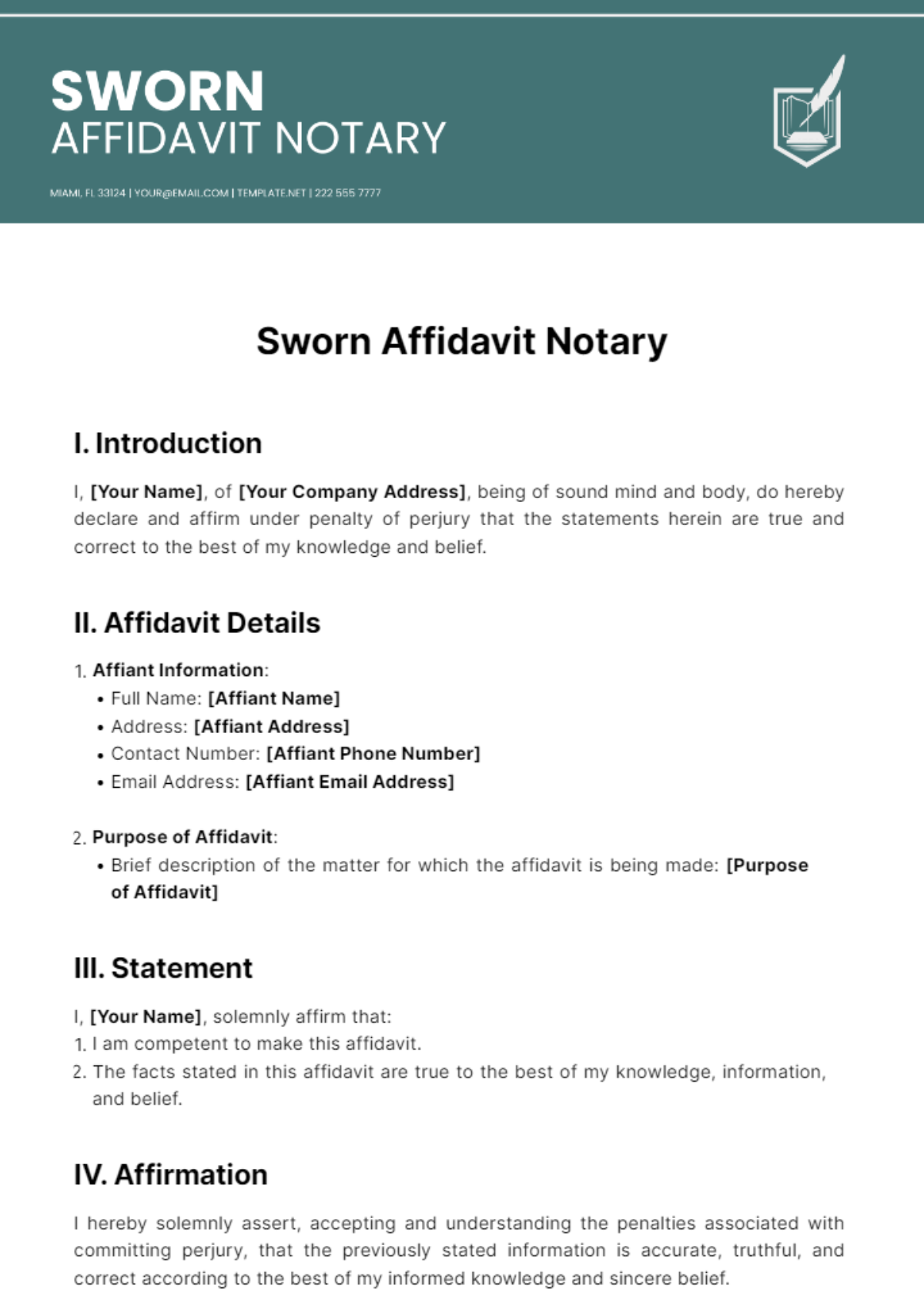 Free Sworn Affidavit Notary Template