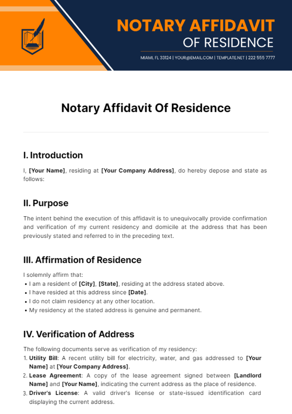 Notary Affidavit Of Residence Template