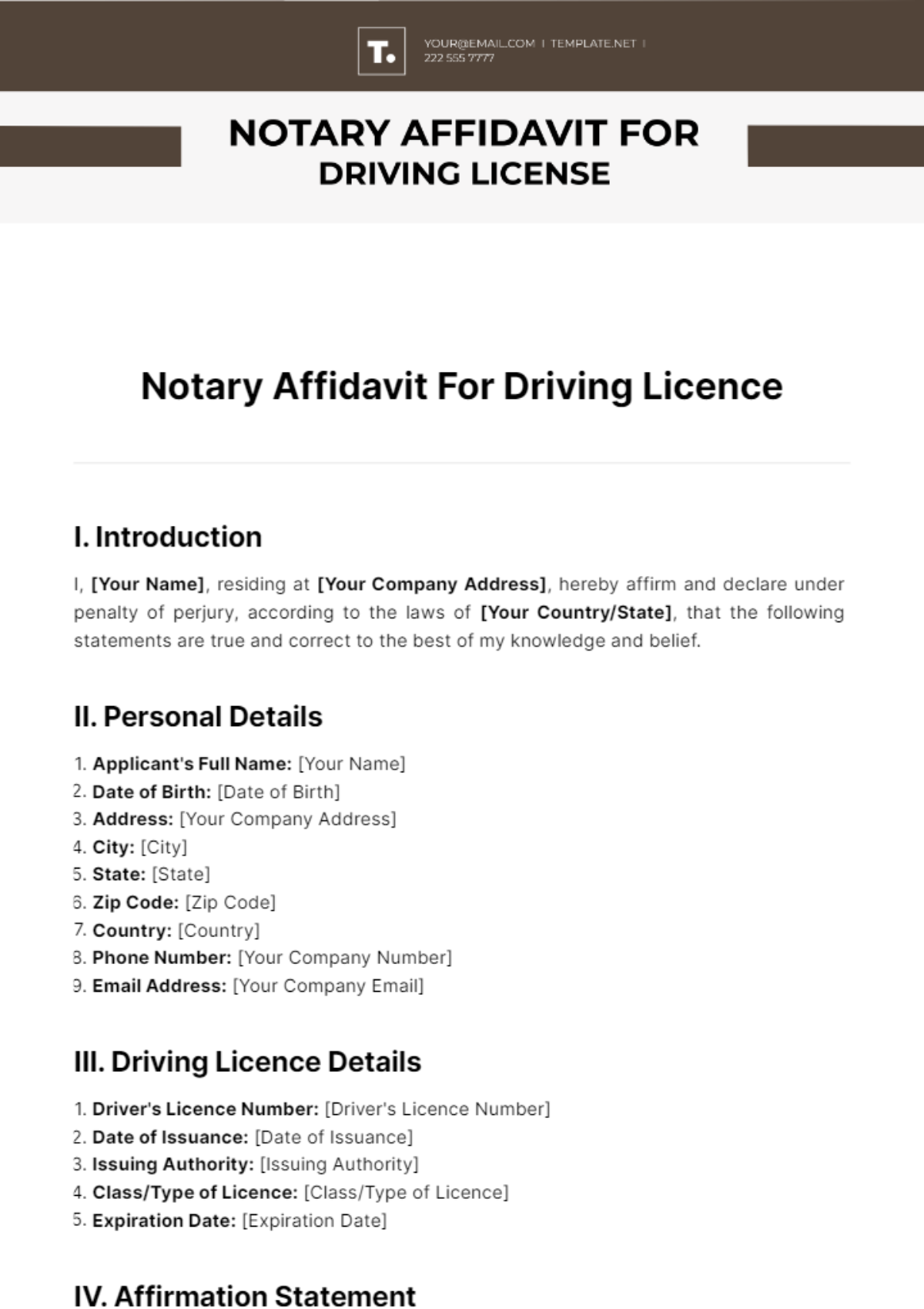 Free Notary Affidavit For Driving Licence Template