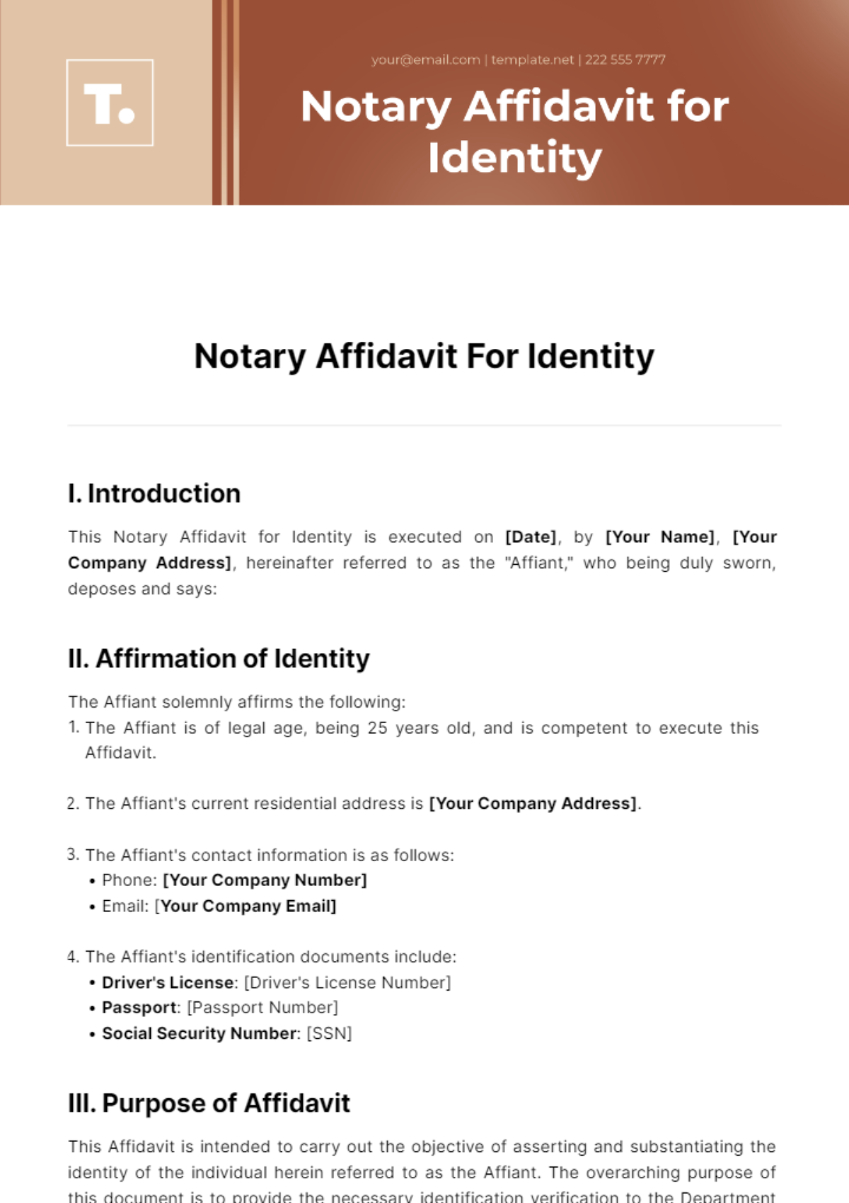 Free Notary Affidavit For Identity Template