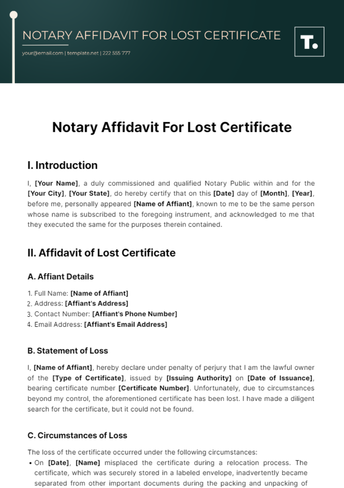 Notary Affidavit For Lost Certificate Template