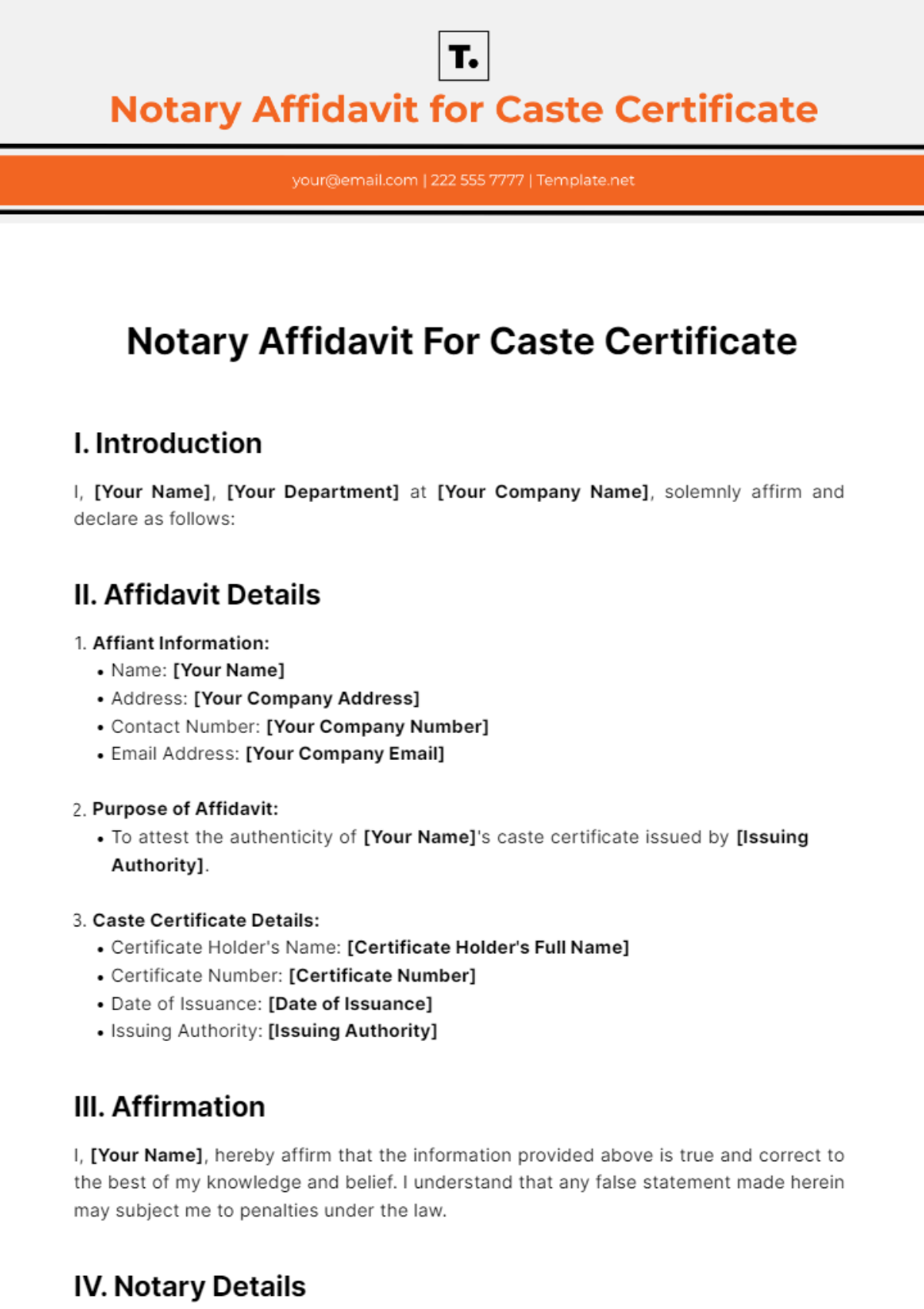Free Notary Affidavit For Caste Certificate Template
