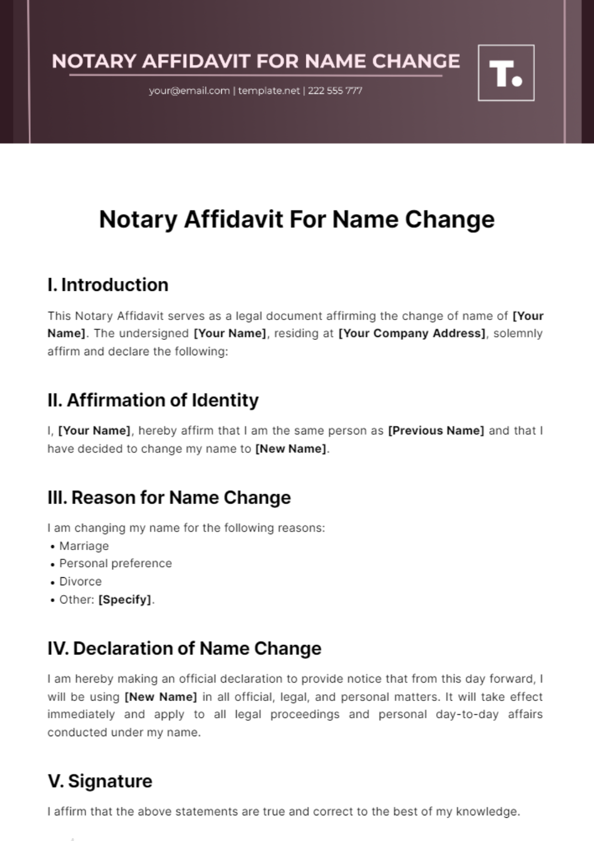 Free Notary Affidavit For Name Change Template