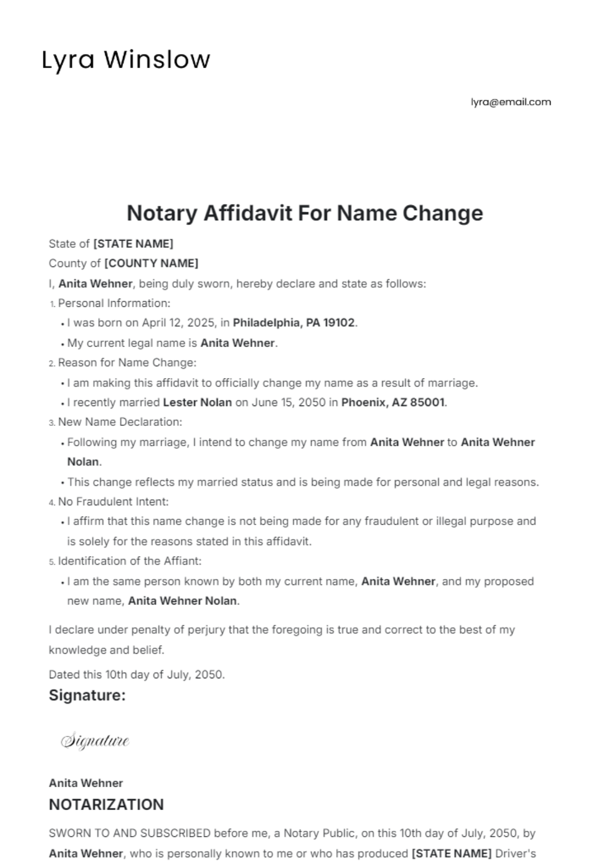 Notary Affidavit For Name Change Template