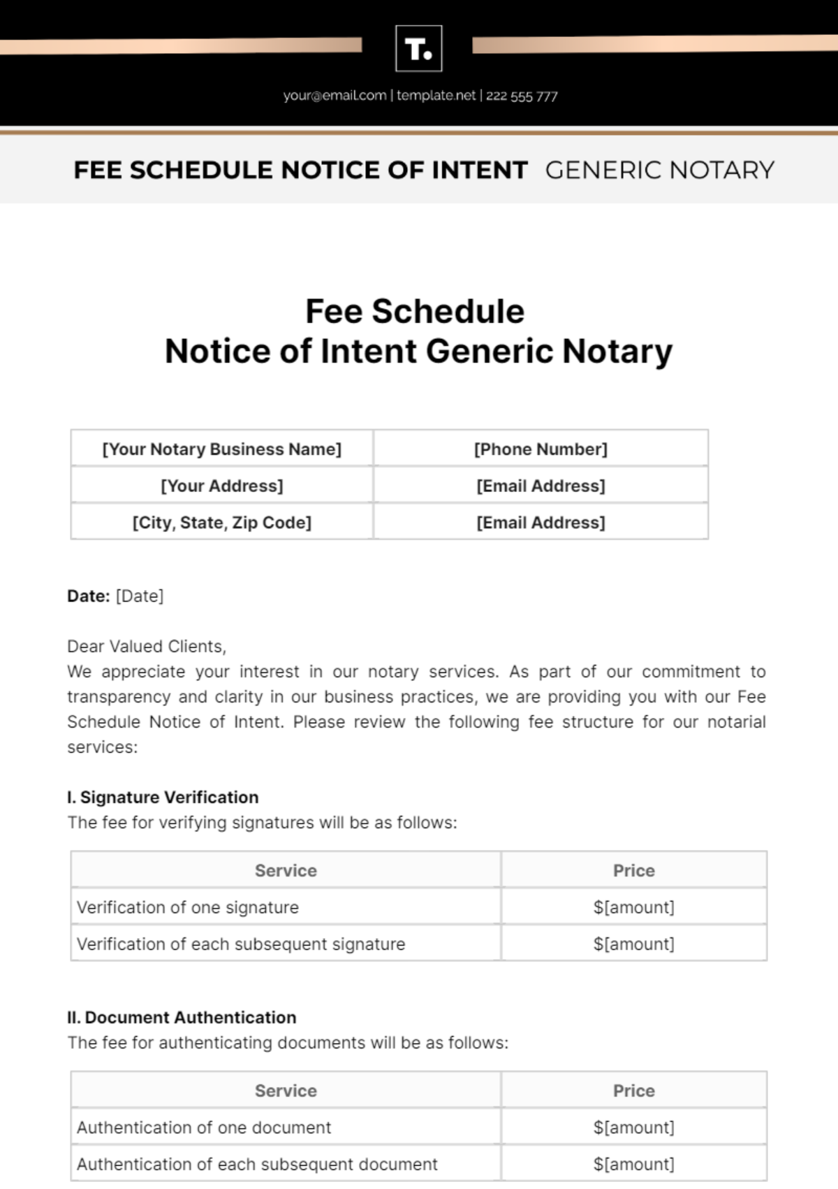 Fee Schedule Notice Of Intent Generic Notary Template